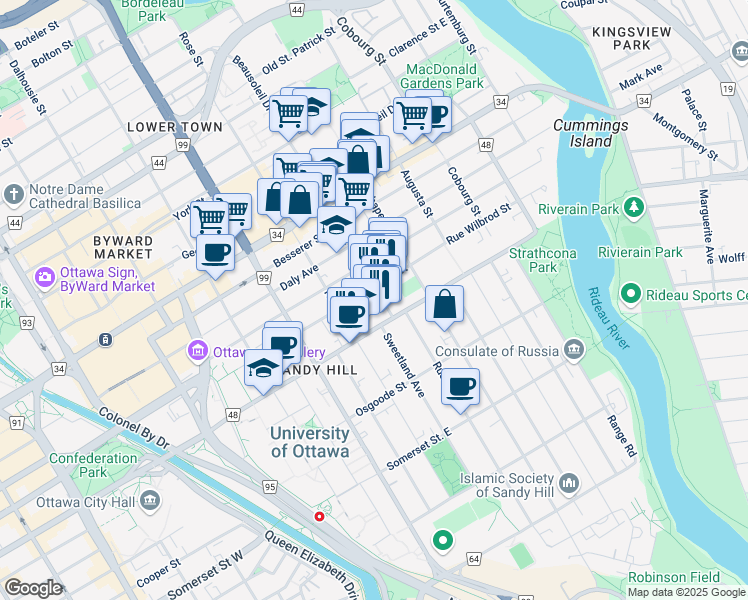 map of restaurants, bars, coffee shops, grocery stores, and more near 360 Friel Street in Ottawa