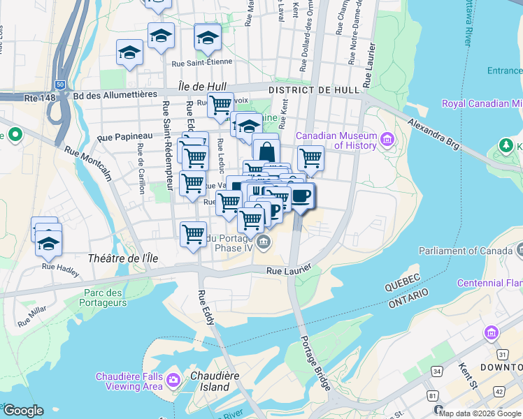map of restaurants, bars, coffee shops, grocery stores, and more near 44 Rue Laval in Gatineau