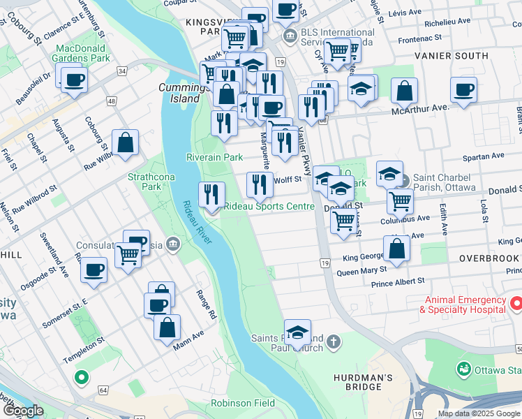 map of restaurants, bars, coffee shops, grocery stores, and more near in Ottawa