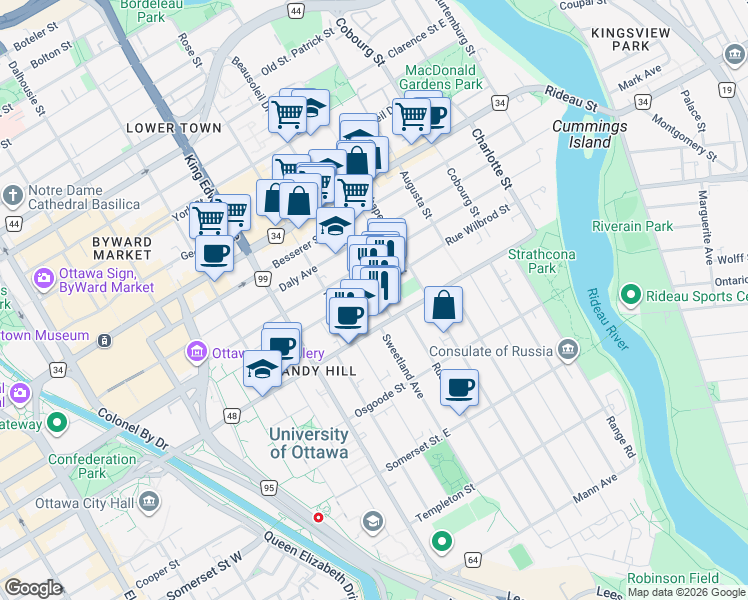 map of restaurants, bars, coffee shops, grocery stores, and more near 301 Rue Wilbrod Street in Ottawa