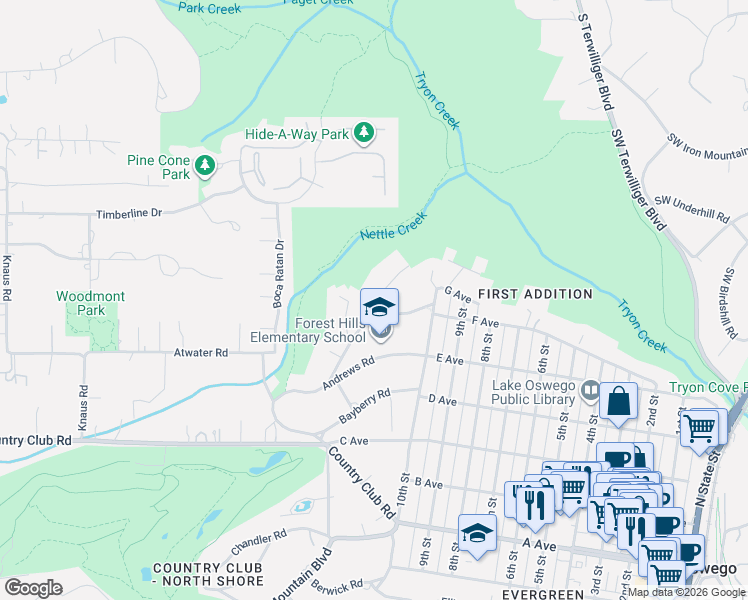 map of restaurants, bars, coffee shops, grocery stores, and more near 929 Cumberland Road in Lake Oswego
