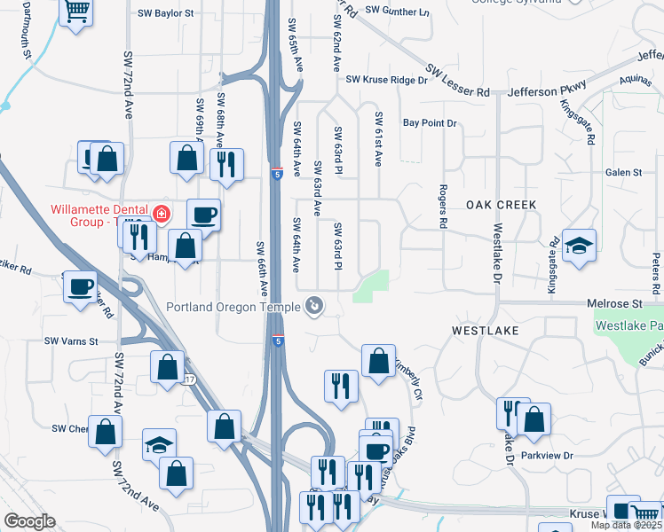 map of restaurants, bars, coffee shops, grocery stores, and more near 13582 Southwest 63rd Avenue in Portland