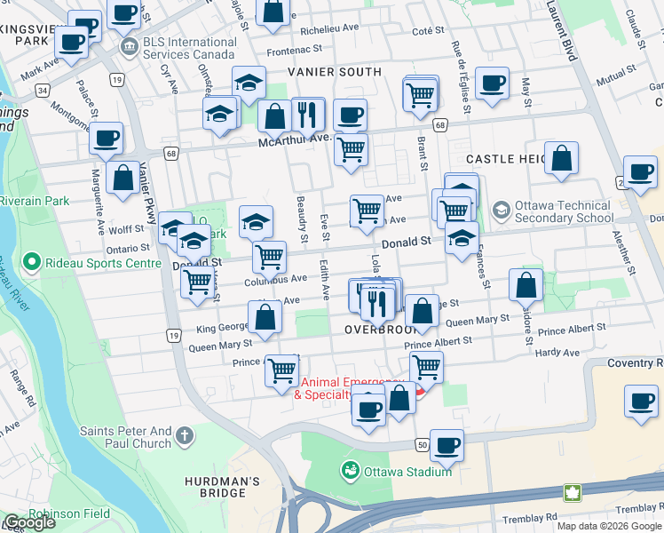 map of restaurants, bars, coffee shops, grocery stores, and more near 294 Donald Street in Ottawa