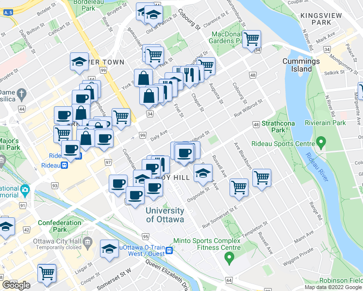 map of restaurants, bars, coffee shops, grocery stores, and more near 301 Rue Wilbrod Street in Ottawa