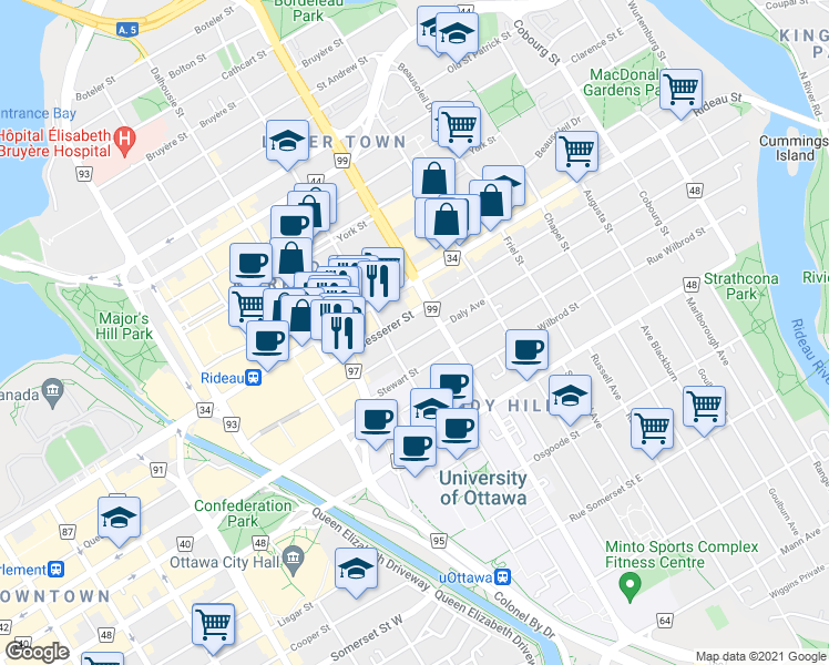 map of restaurants, bars, coffee shops, grocery stores, and more near 238 Besserer Street in Ottawa
