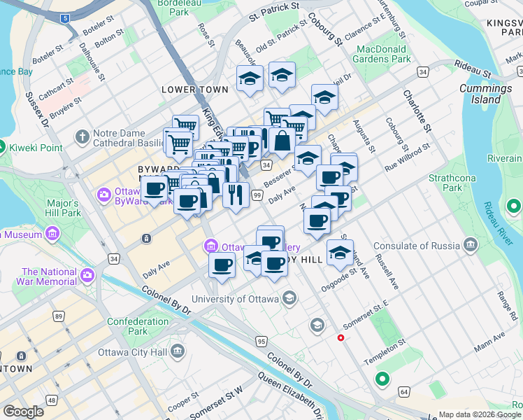 map of restaurants, bars, coffee shops, grocery stores, and more near 144 Daly Avenue in Ottawa