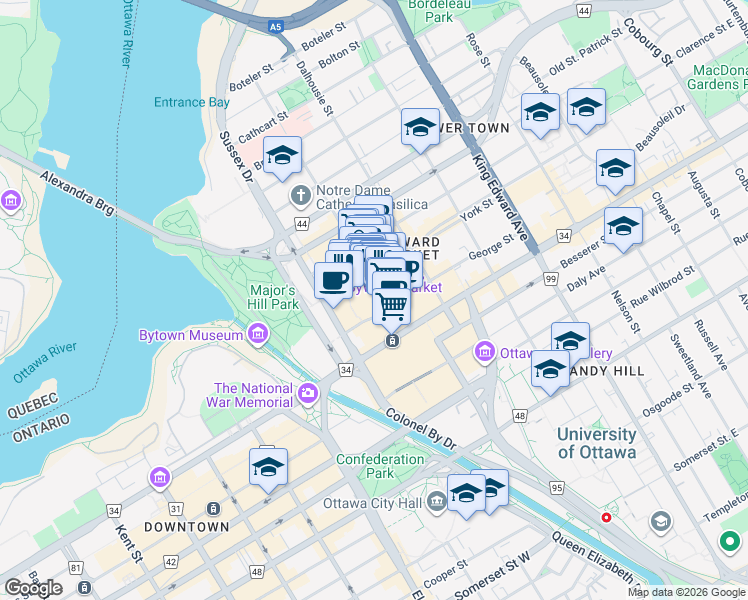 map of restaurants, bars, coffee shops, grocery stores, and more near 24 York Street in Ottawa
