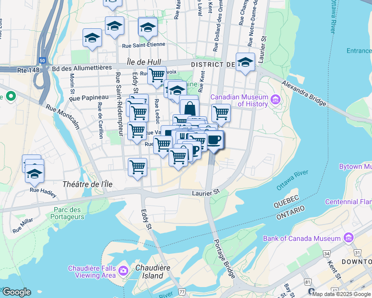 map of restaurants, bars, coffee shops, grocery stores, and more near 44 Rue Laval in Gatineau