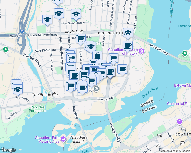 map of restaurants, bars, coffee shops, grocery stores, and more near 60 Rue Laval in Gatineau