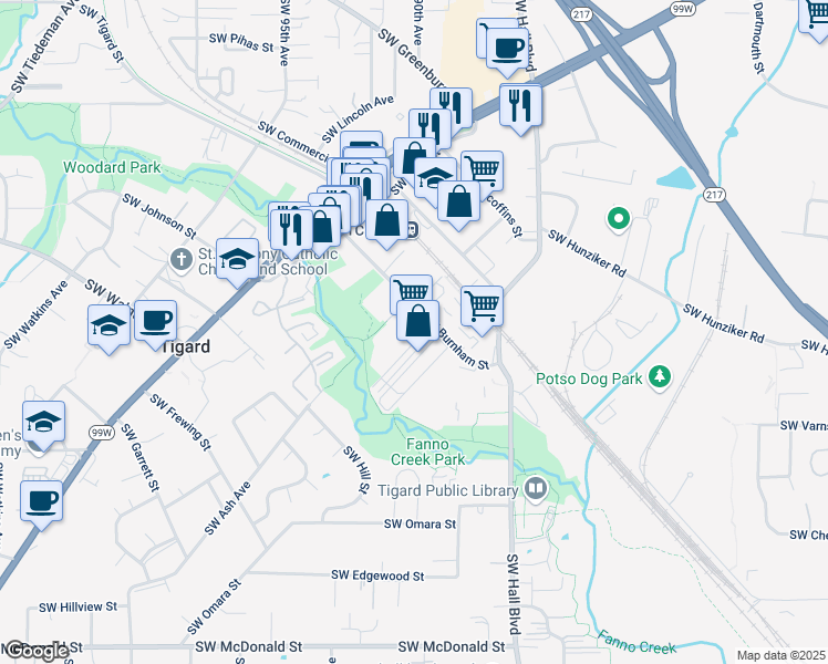 map of restaurants, bars, coffee shops, grocery stores, and more near 8965 Southwest Burnham Street in Tigard