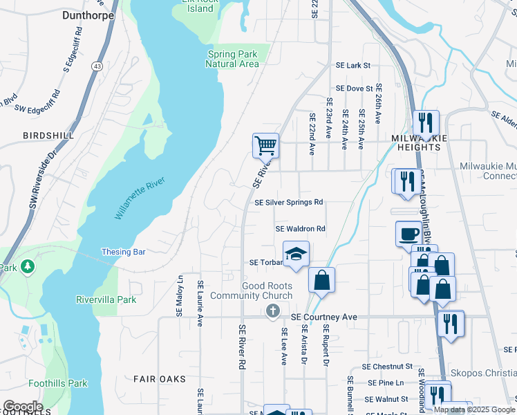 map of restaurants, bars, coffee shops, grocery stores, and more near 1714 Southeast Silver Springs Road in Milwaukie