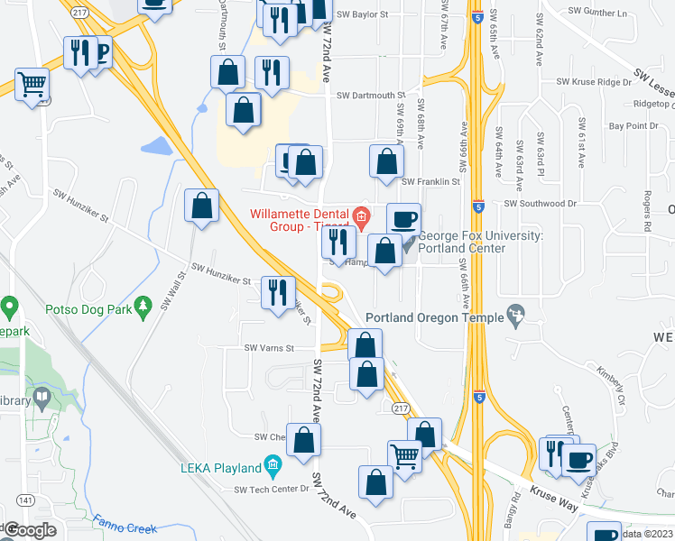 map of restaurants, bars, coffee shops, grocery stores, and more near 7100 Southwest Hampton Street in Tigard