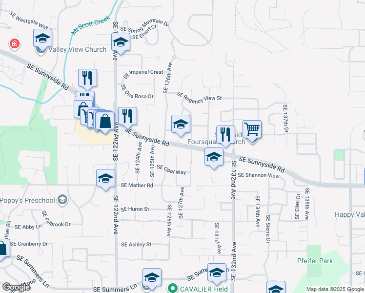map of restaurants, bars, coffee shops, grocery stores, and more near Southeast Sunnyside Road in Clackamas