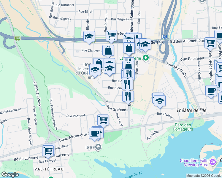 map of restaurants, bars, coffee shops, grocery stores, and more near 43 Rue Bienville in Gatineau