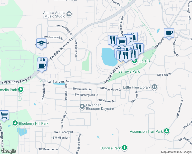 map of restaurants, bars, coffee shops, grocery stores, and more near 15440 Southwest Mallard Drive in Beaverton