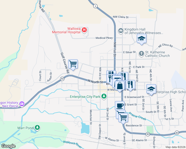 map of restaurants, bars, coffee shops, grocery stores, and more near Northwest Robert Street in Enterprise