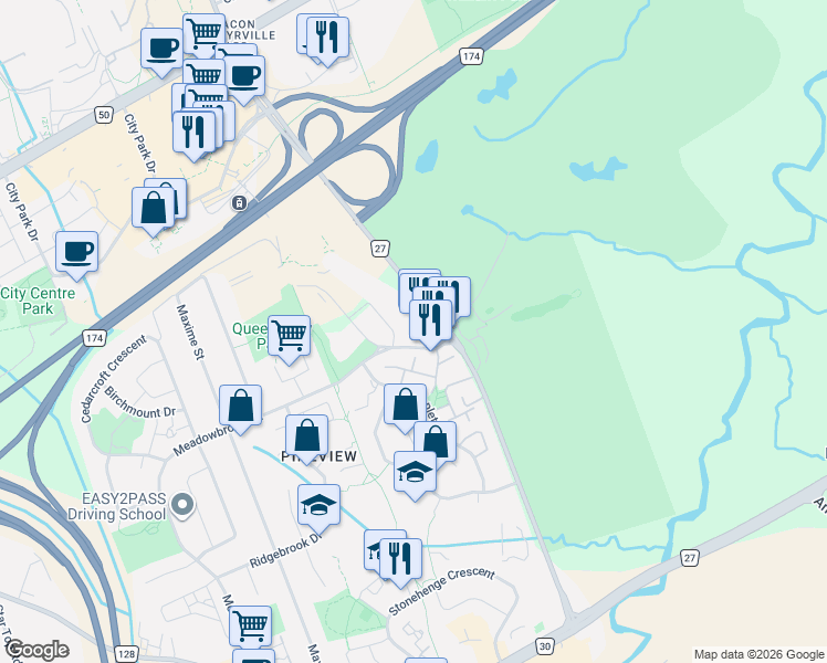 map of restaurants, bars, coffee shops, grocery stores, and more near 2049 Meadowbrook Road in Ottawa