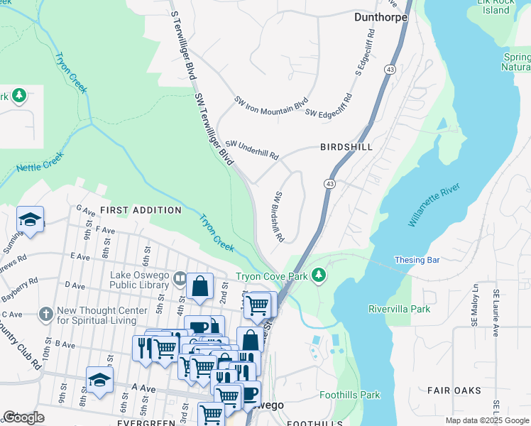 map of restaurants, bars, coffee shops, grocery stores, and more near 210 Southwest Birdshill Road in Portland