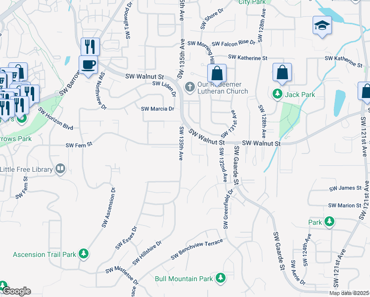 map of restaurants, bars, coffee shops, grocery stores, and more near 12780 Southwest 135th Avenue in Tigard
