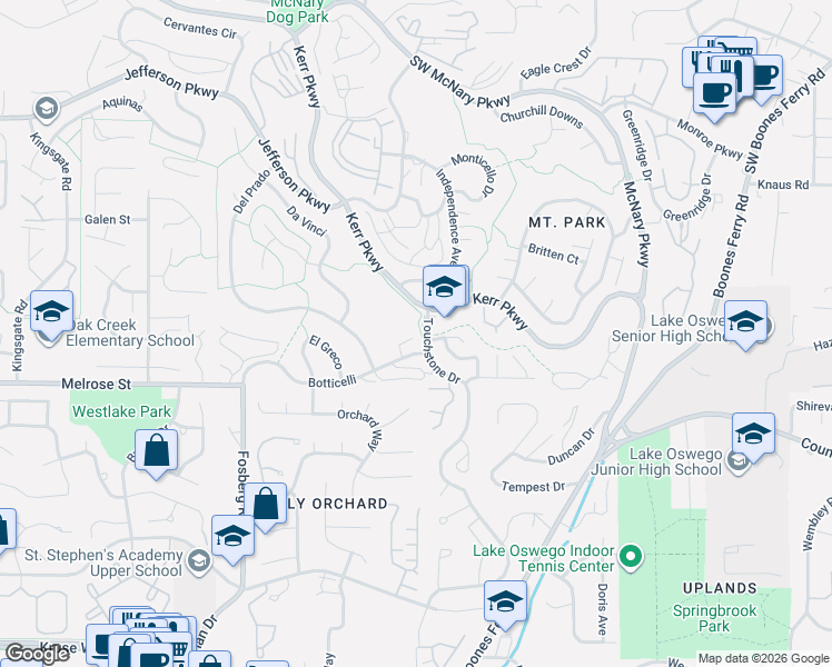 map of restaurants, bars, coffee shops, grocery stores, and more near 13594 Blazer Trail in Lake Oswego