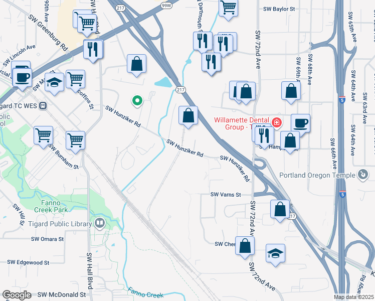 map of restaurants, bars, coffee shops, grocery stores, and more near 7587 Southwest Hunziker Street in Tigard