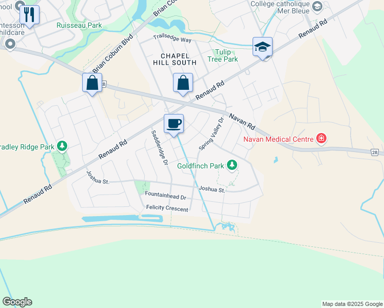 map of restaurants, bars, coffee shops, grocery stores, and more near 417 Dovehaven Street in Ottawa