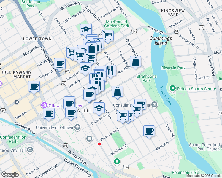 map of restaurants, bars, coffee shops, grocery stores, and more near 283 Chapel Street in Ottawa