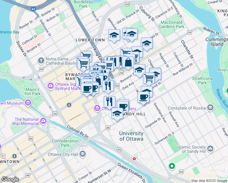 map of restaurants, bars, coffee shops, grocery stores, and more near 238 Besserer Street in Ottawa