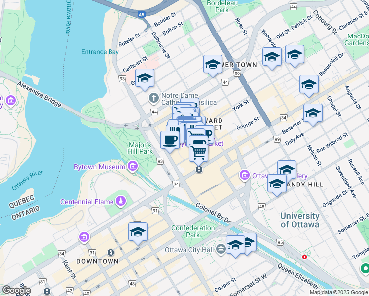 map of restaurants, bars, coffee shops, grocery stores, and more near 24 York Street in Ottawa