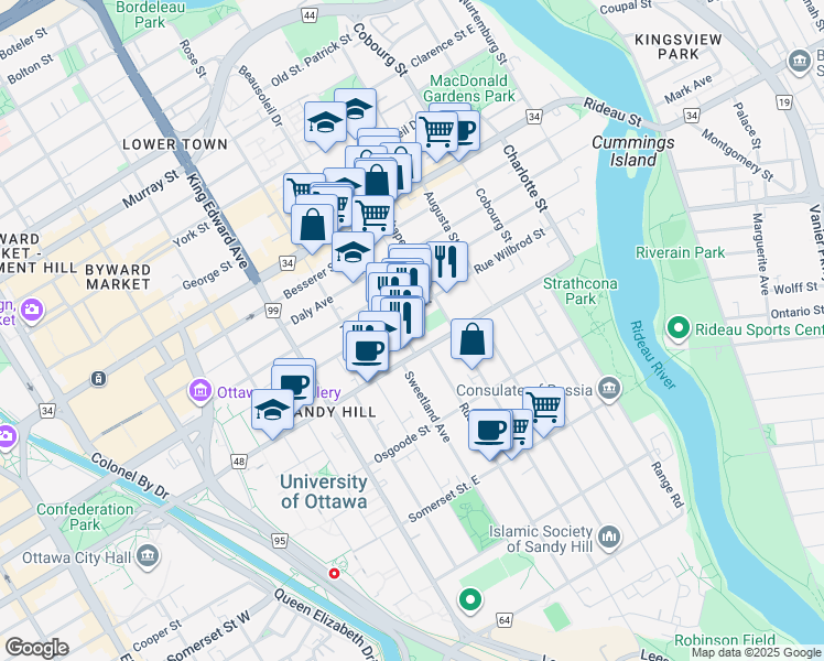 map of restaurants, bars, coffee shops, grocery stores, and more near 353 Friel Street in Ottawa