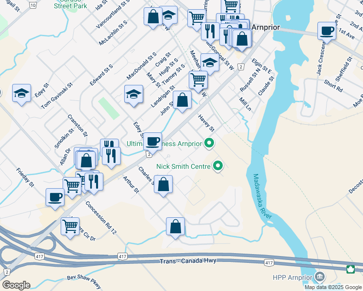 map of restaurants, bars, coffee shops, grocery stores, and more near in Arnprior