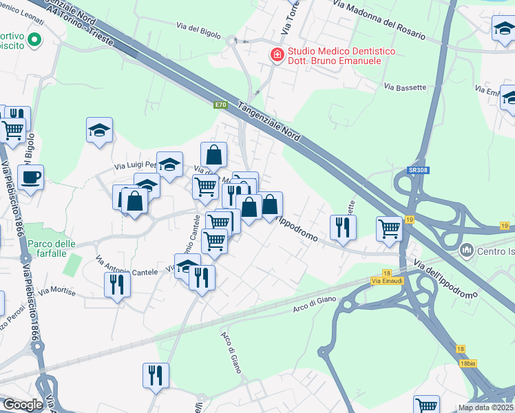 map of restaurants, bars, coffee shops, grocery stores, and more near 74 Via dell'Ippodromo in Padova