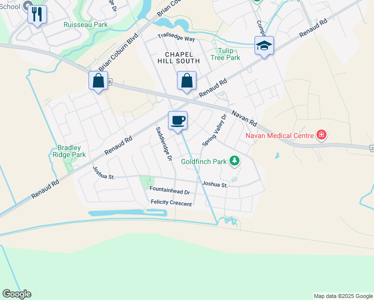 map of restaurants, bars, coffee shops, grocery stores, and more near 417 Dovehaven Street in Ottawa