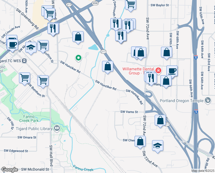 map of restaurants, bars, coffee shops, grocery stores, and more near 7587 Southwest Hunziker Street in Tigard
