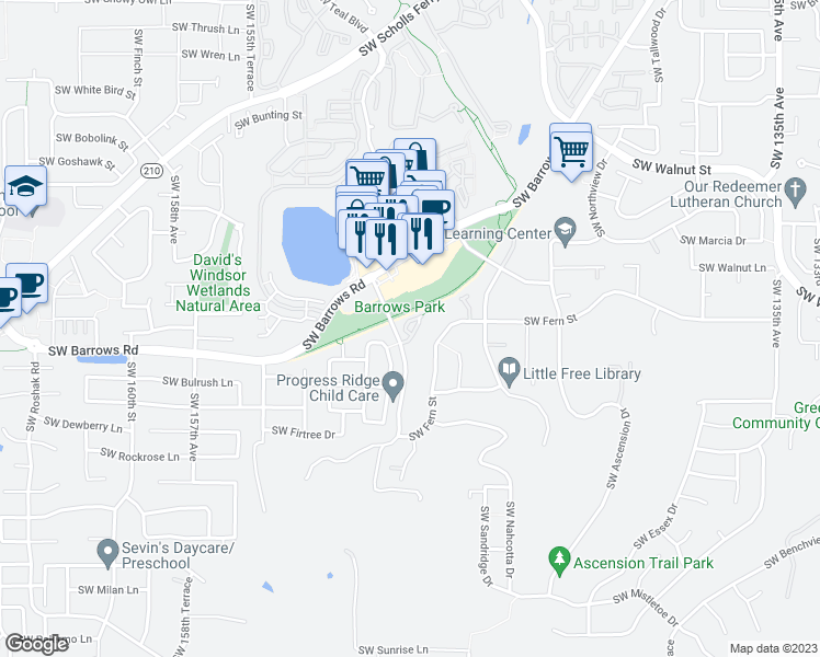 map of restaurants, bars, coffee shops, grocery stores, and more near 14960 Southwest Kraft Place in Tigard