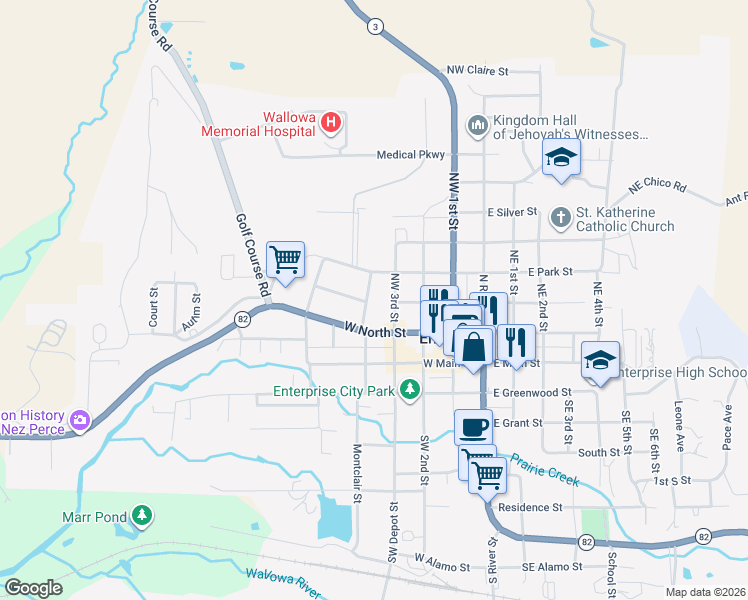 map of restaurants, bars, coffee shops, grocery stores, and more near 301 Northwest Robert Street in Enterprise