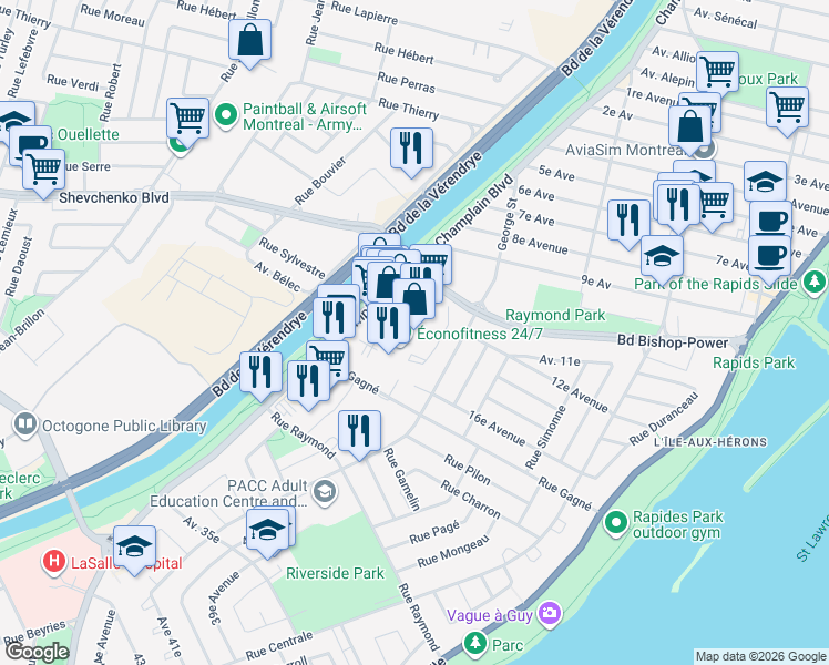 map of restaurants, bars, coffee shops, grocery stores, and more near 7800 Boulevard Champlain in Montréal