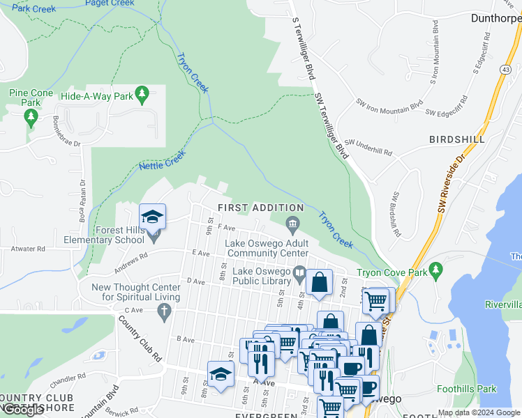 map of restaurants, bars, coffee shops, grocery stores, and more near 693 G Avenue in Lake Oswego