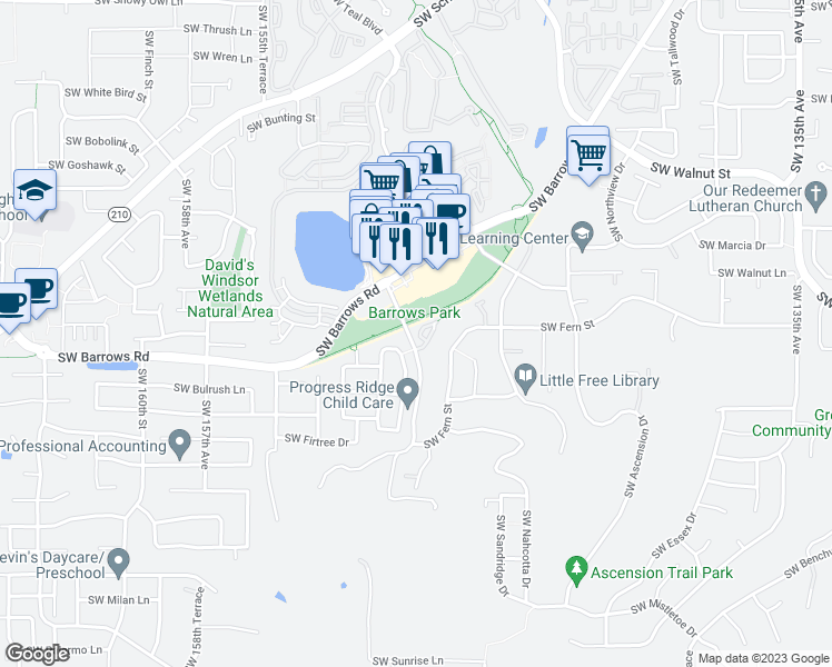 map of restaurants, bars, coffee shops, grocery stores, and more near 14981 Southwest Kraft Place in Portland