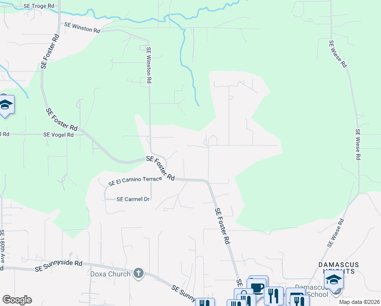 map of restaurants, bars, coffee shops, grocery stores, and more near 21155 Southeast Foster Road in Damascus