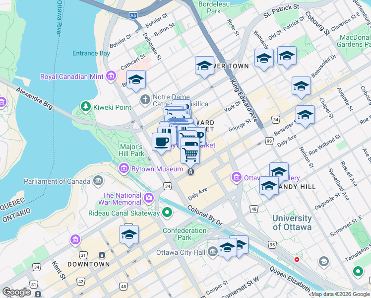 map of restaurants, bars, coffee shops, grocery stores, and more near 55 Byward Market Square in Ottawa