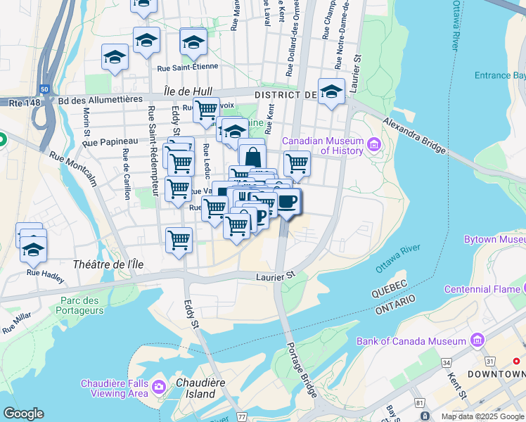 map of restaurants, bars, coffee shops, grocery stores, and more near 44 Rue Laval in Gatineau