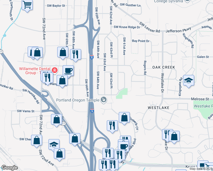 map of restaurants, bars, coffee shops, grocery stores, and more near 13582 Southwest 63rd Avenue in Portland