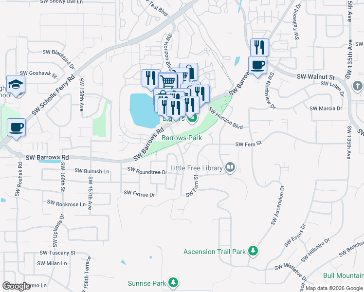 map of restaurants, bars, coffee shops, grocery stores, and more near 14973 Southwest Kraft Place in Tigard