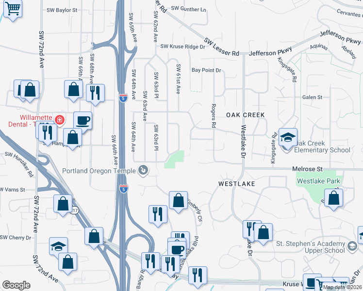 map of restaurants, bars, coffee shops, grocery stores, and more near 13616 Southwest 61st Avenue in Portland