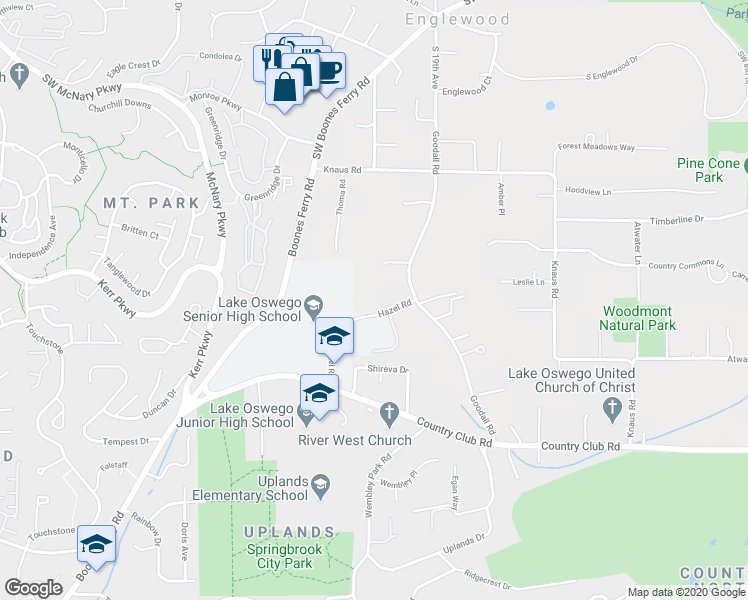 map of restaurants, bars, coffee shops, grocery stores, and more near 2201 Hazel Road in Lake Oswego