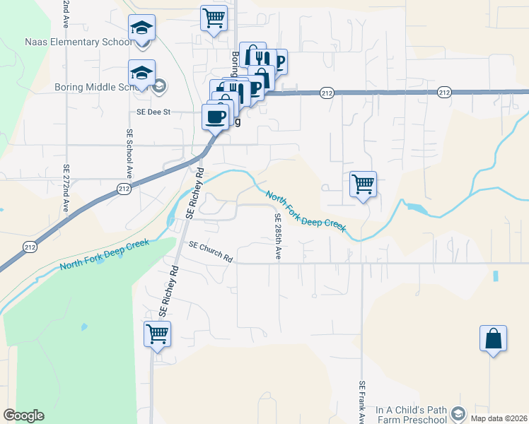 map of restaurants, bars, coffee shops, grocery stores, and more near 28380 Southeast Spring Street in Boring