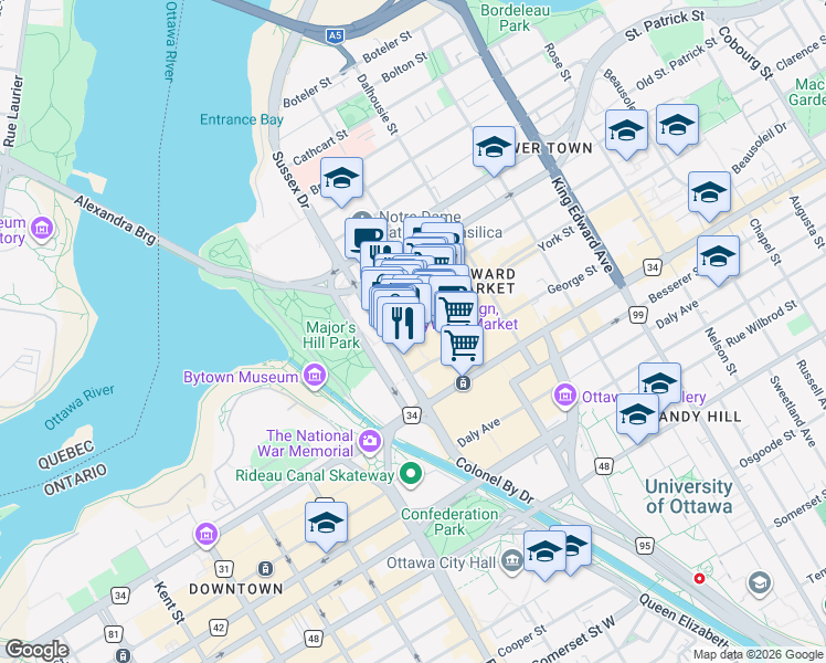 map of restaurants, bars, coffee shops, grocery stores, and more near 24 York Street in Ottawa