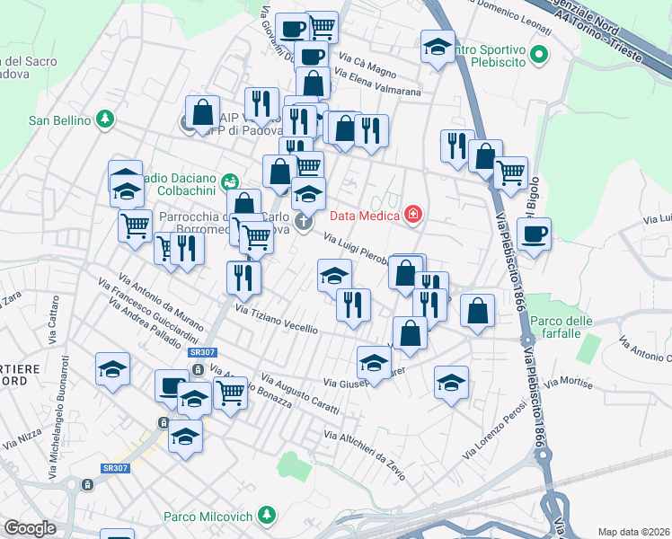 map of restaurants, bars, coffee shops, grocery stores, and more near 4 Via Grazioso Antonio in Padova