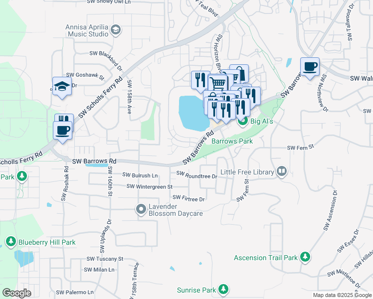 map of restaurants, bars, coffee shops, grocery stores, and more near 15370 Southwest Mallard Drive in Beaverton